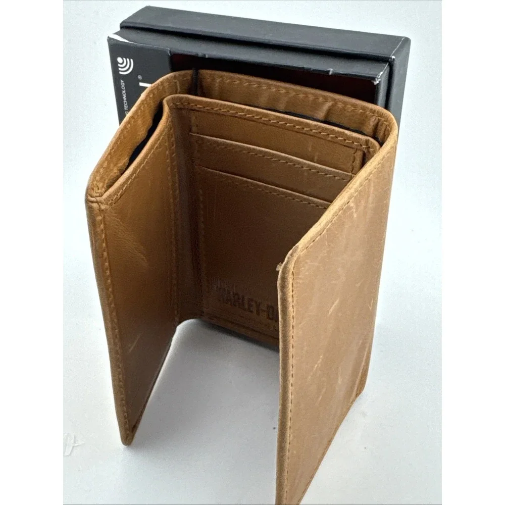 Harley-Davidson B&S Trifold Leather Wallet Tan RFID Blocking Technology
